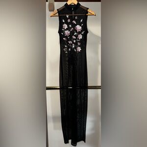 Floral Embroidered Black Mesh Dress